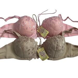 WOMEN'S LOT OF 2 LACE BRA NWT SIZE 36C PINK BEIGE ADJUSTABLE STRAPS